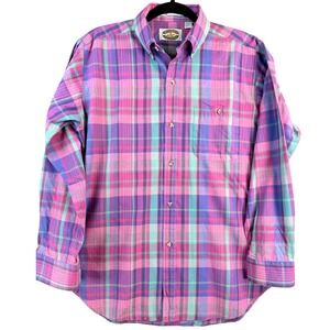 Midwest Traders Mens Plaid Button Down Shirt Pink Purple Teal Cotton Blend M